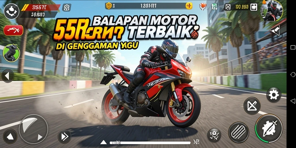 Screenshot menunjukkan aksi balap motor yang seru dan mendebarkan.