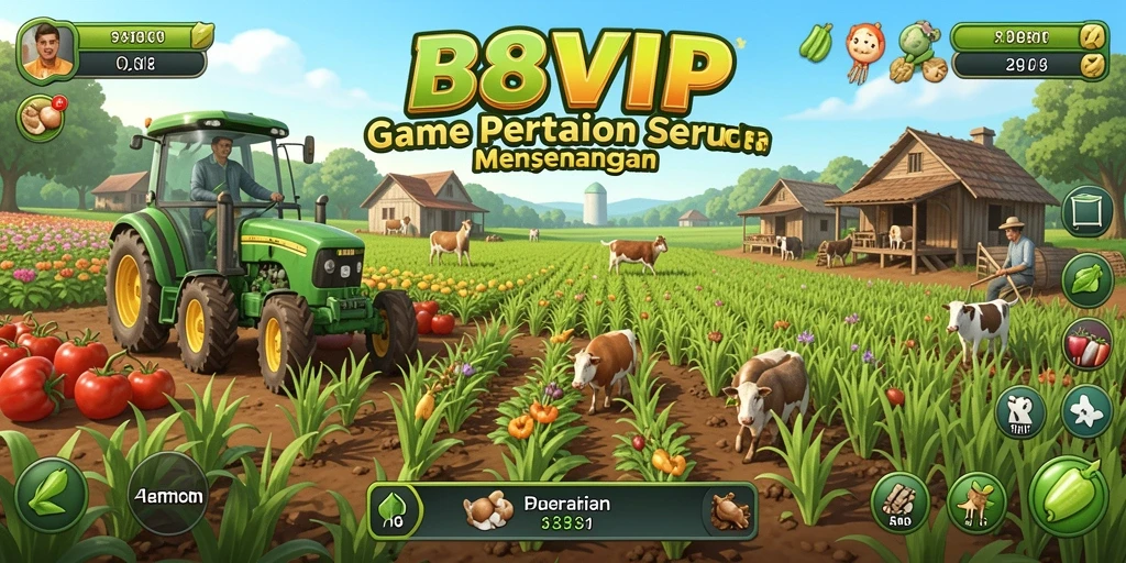 Tampilan gameplay B8VIP yang menampilkan pertanian virtual yang dinamis.