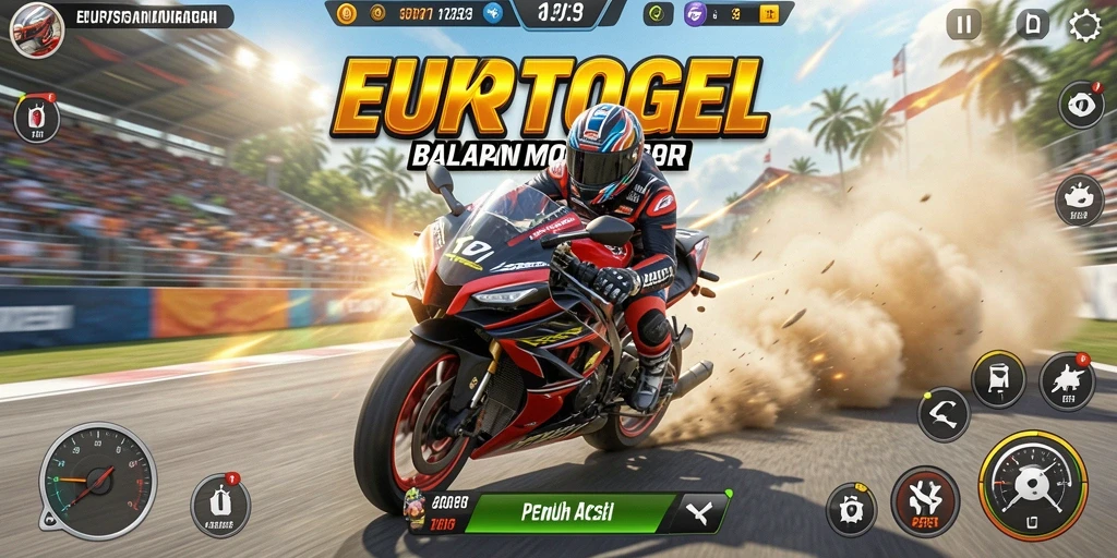Tampilan gameplay seru dalam EUROTOGEL dengan motor balap.