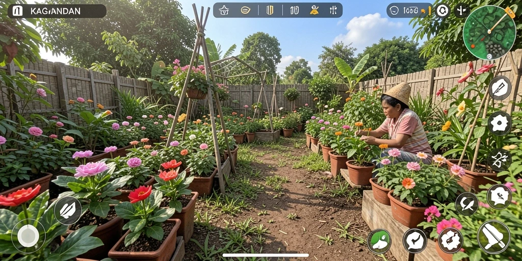 Screenshot gameplay KAGANDAN menunjukkan kebun yang subur dan aktivitas petani.
