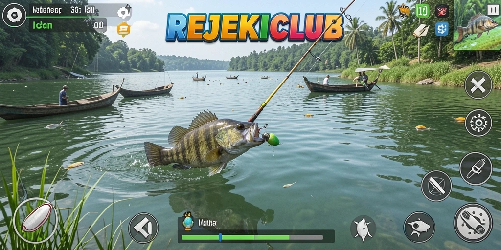 Screenshot gameplay <strong>REJEKICLUB</strong> menampilkan aksi menangkap ikan yang mendebarkan.