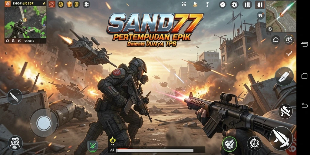 Tangkapan layar utama SAND77 menampilkan pertempuran intens dalam grafis yang luar biasa.
