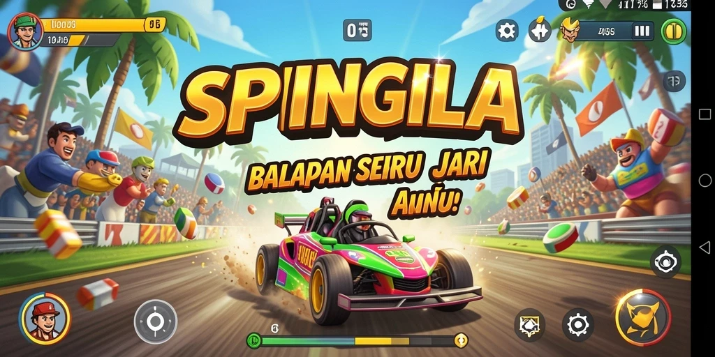 Tampilan gameplay balapan mendebarkan di SPINGILA dengan mobil kencang dan lintasan menarik.