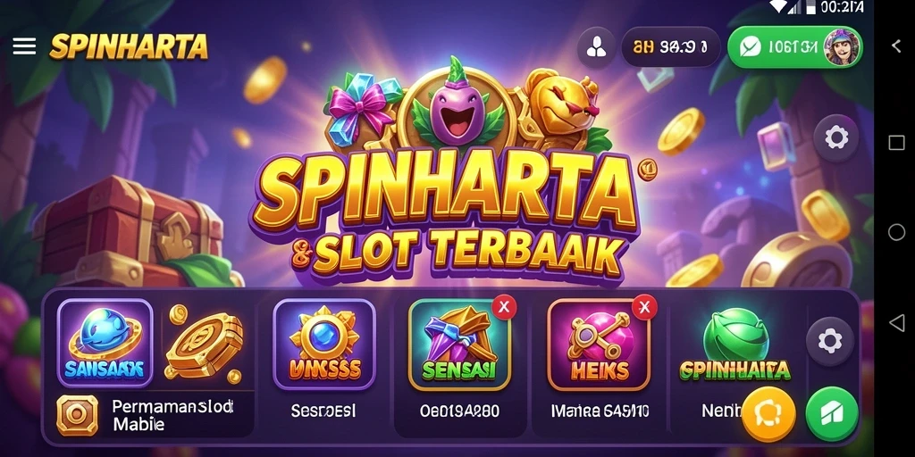 Menampilkan gameplay Slot SPINHARTA yang mendebarkan dan penuh warna.